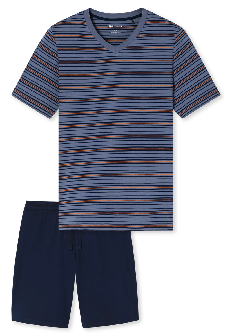 Schlafanzug kurz Blau/Bordeaux gestreift - Casual Nightwear