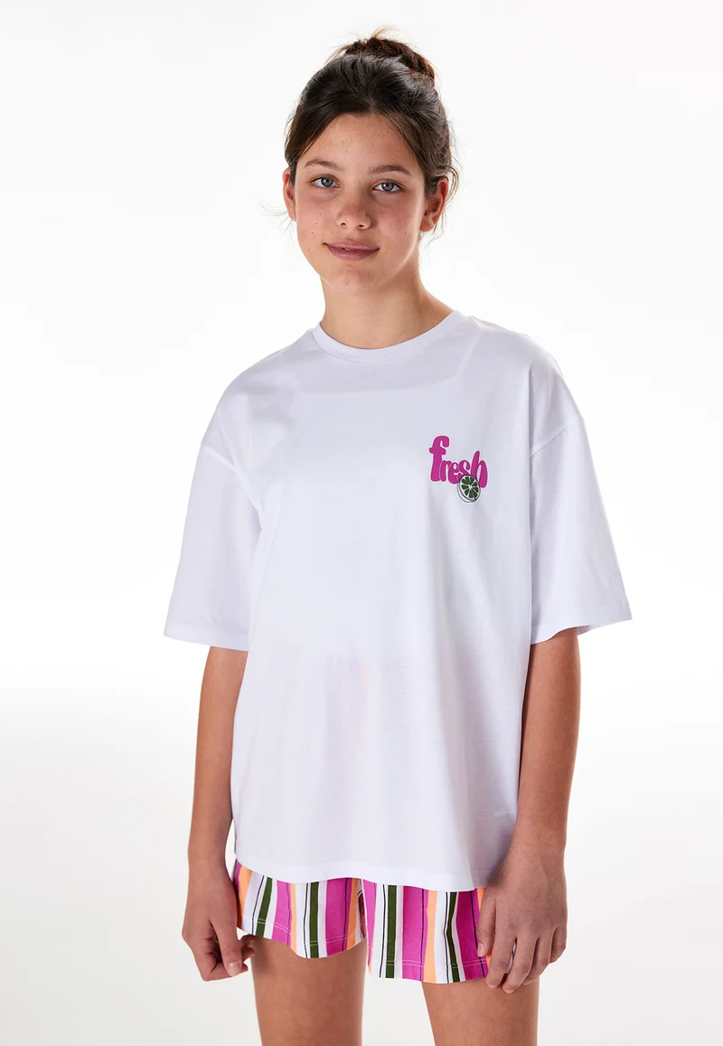 Schlafanzug kurz Weiss/Pink gestreift - Teens Nightwear