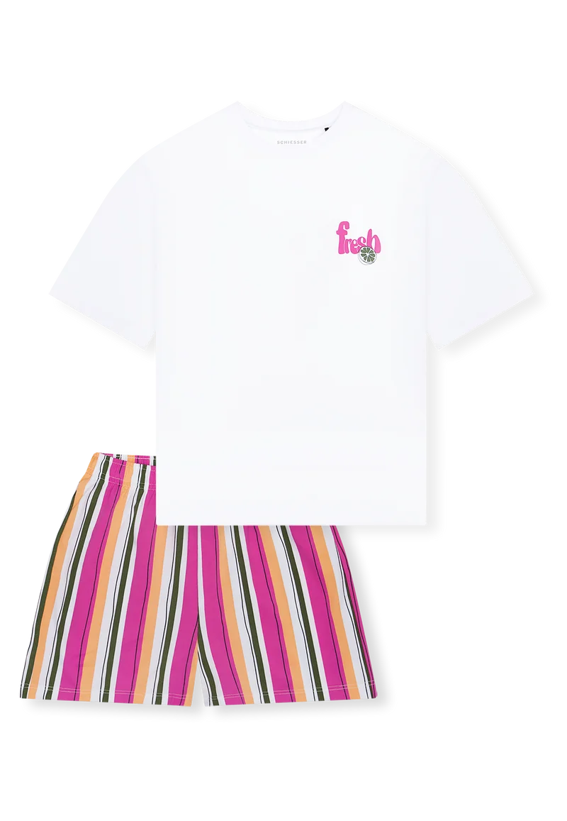 Schlafanzug kurz Weiss/Pink gestreift - Teens Nightwear