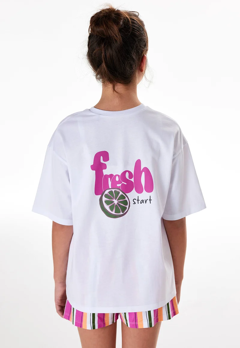 Schlafanzug kurz Weiss/Pink gestreift - Teens Nightwear