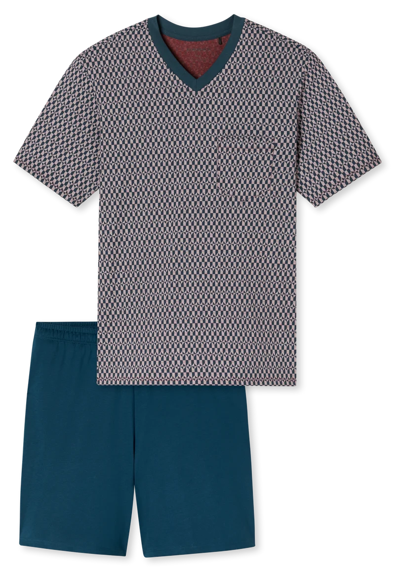 Schlafanzug kurz Blau/Rot gemustert - Comfort Nightwear