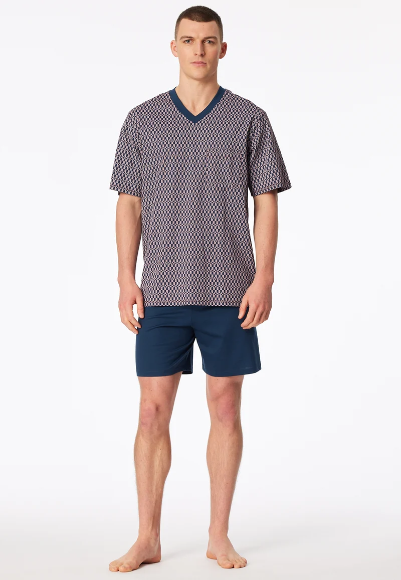 Schlafanzug kurz Blau/Rot gemustert - Comfort Nightwear