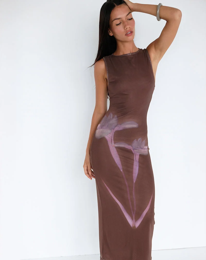 Fayola Maxi Dress in Blurred Floral Print Brown (robe longue à imprimé floral flou)