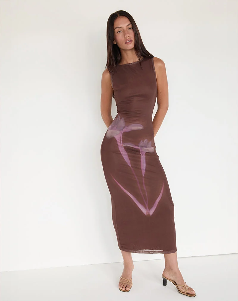 Fayola Maxi Dress in Blurred Floral Print Brown (robe longue à imprimé floral flou)