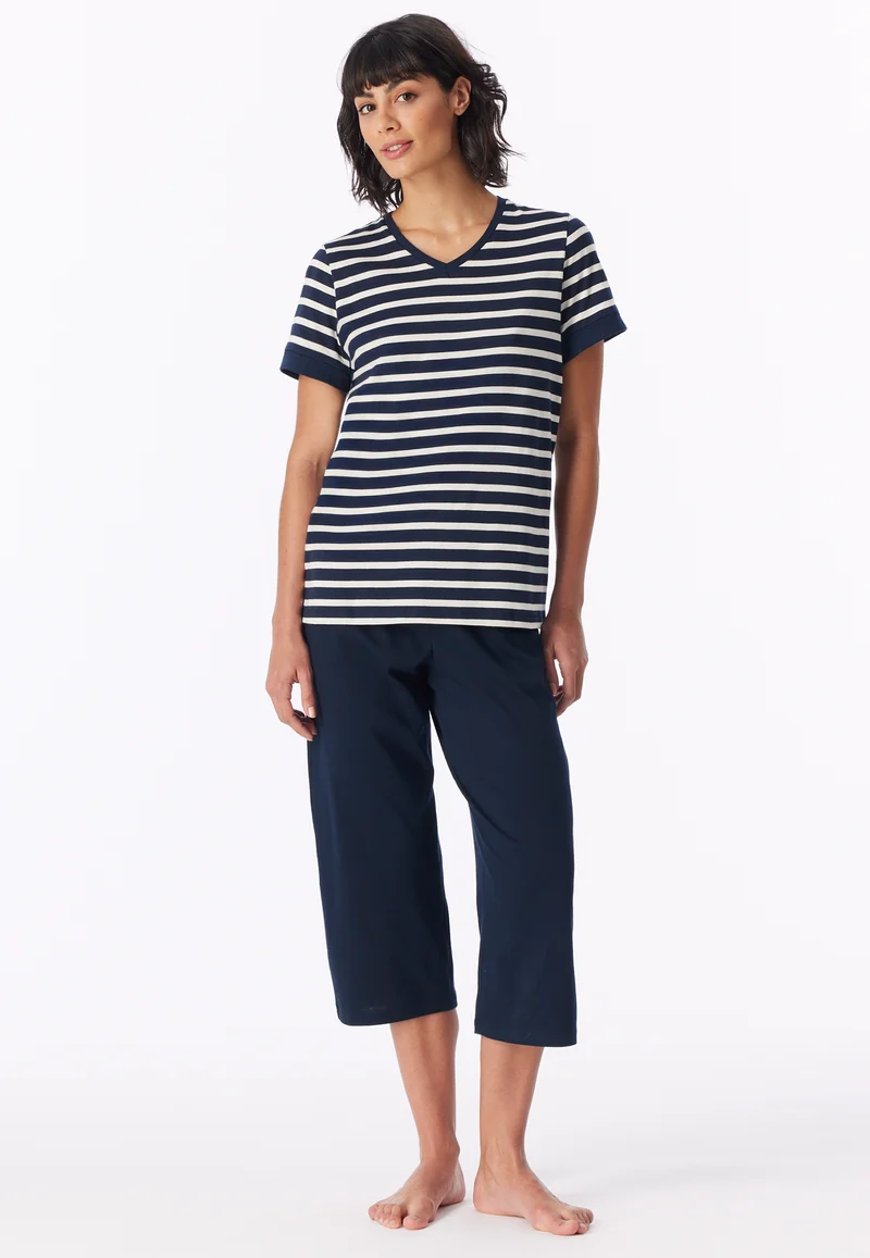 Schlafanzug 3/4-lang Dunkelblau gestreift - Casual Essentials
