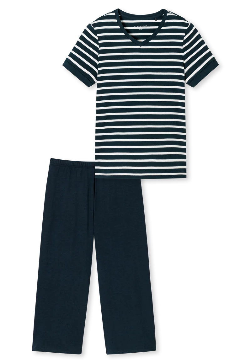 Schlafanzug 3/4-lang Dunkelblau gestreift - Casual Essentials