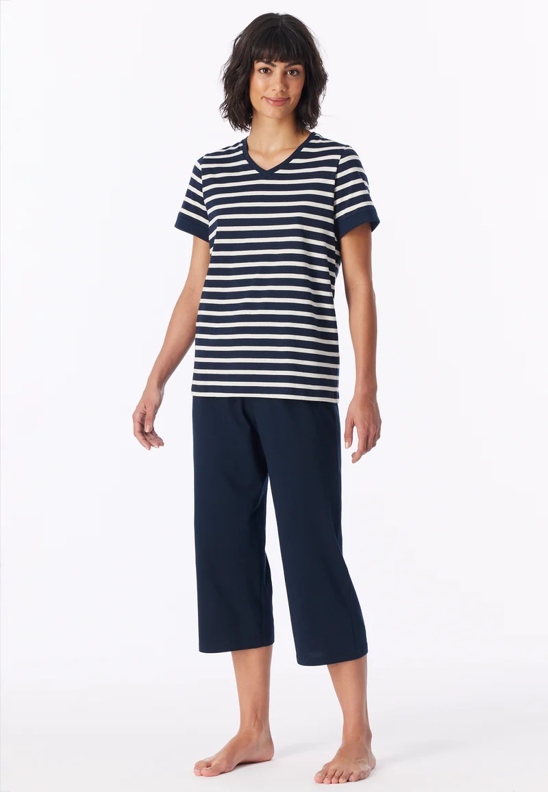 Schlafanzug 3/4-lang Dunkelblau gestreift - Casual Essentials