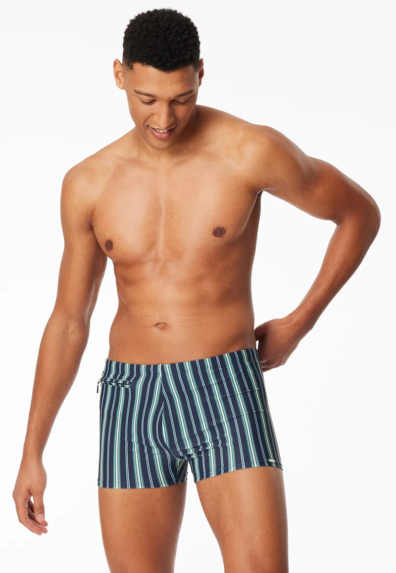 Badehose mit Reißverschlusstasche Blau gestreift - Aqua