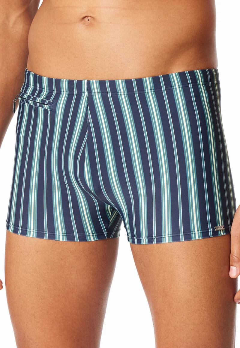 Badehose mit Reißverschlusstasche Blau gestreift - Aqua