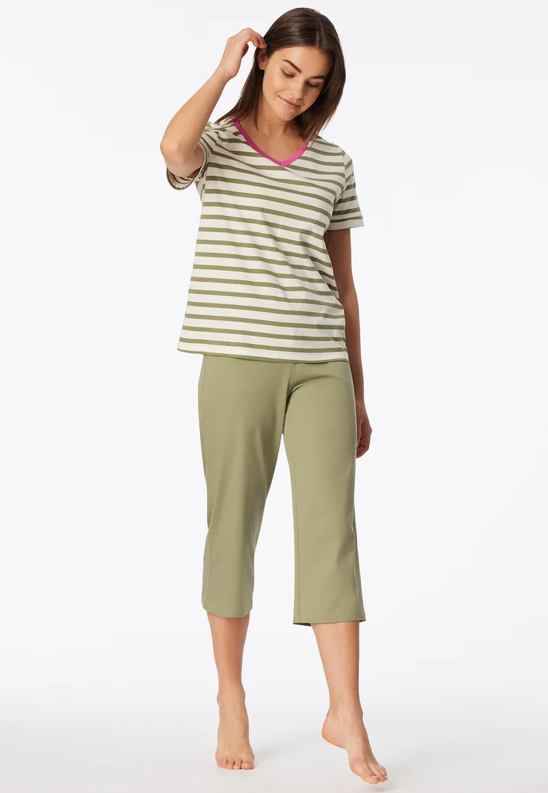 Schlafanzug 3/4-lang Khaki/Weiss gestreift - Casual Essentials