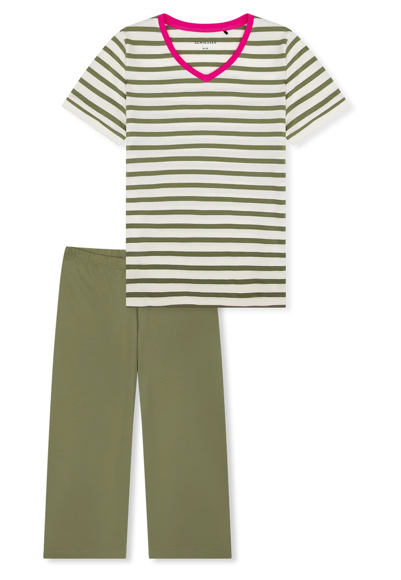 Schlafanzug 3/4-lang Khaki/Weiss gestreift - Casual Essentials