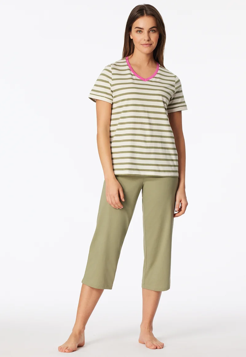 Schlafanzug 3/4-lang Khaki/Weiss gestreift - Casual Essentials