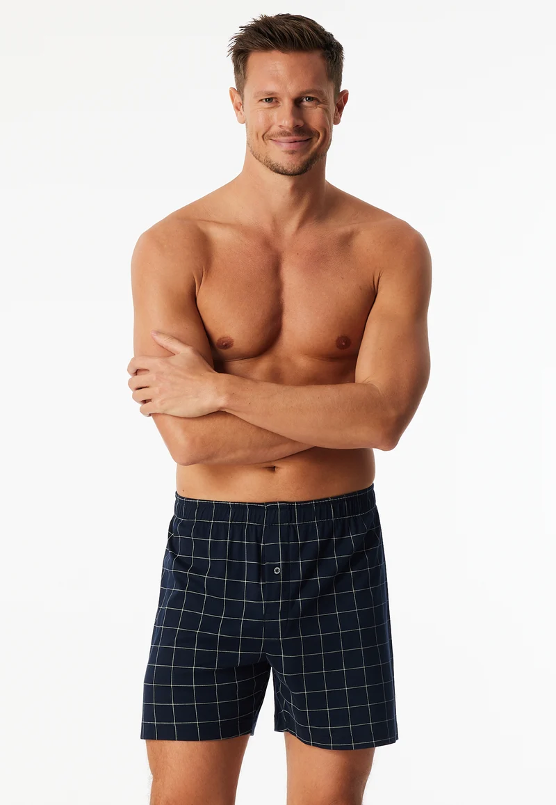Boxershorts mit Knopfleiste Dunkelblau kariert - Fine Interlock
