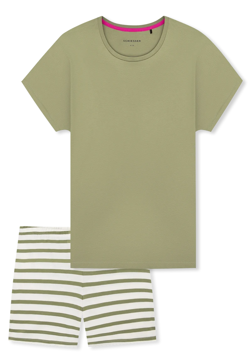 Schlafanzug kurz Khaki/Weiss gestreift - Casual Essentials