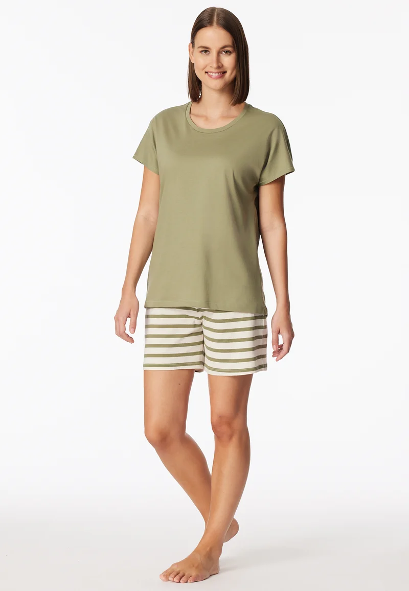 Schlafanzug kurz Khaki/Weiss gestreift - Casual Essentials
