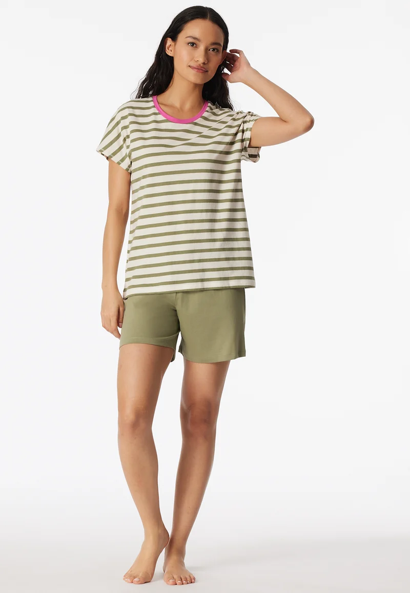 Schlafanzug kurz Khaki/Weiss gestreift - Casual Essentials