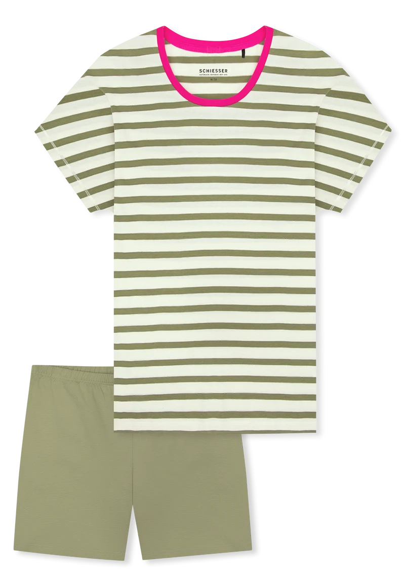 Schlafanzug kurz Khaki/Weiss gestreift - Casual Essentials