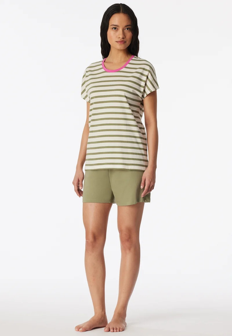 Schlafanzug kurz Khaki/Weiss gestreift - Casual Essentials