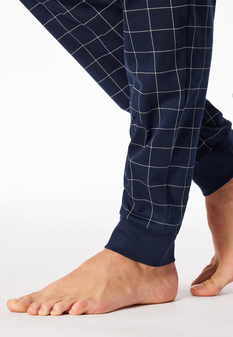 Schlafanzug mit Bündchen Dunkelblau kariert - Fine Interlock