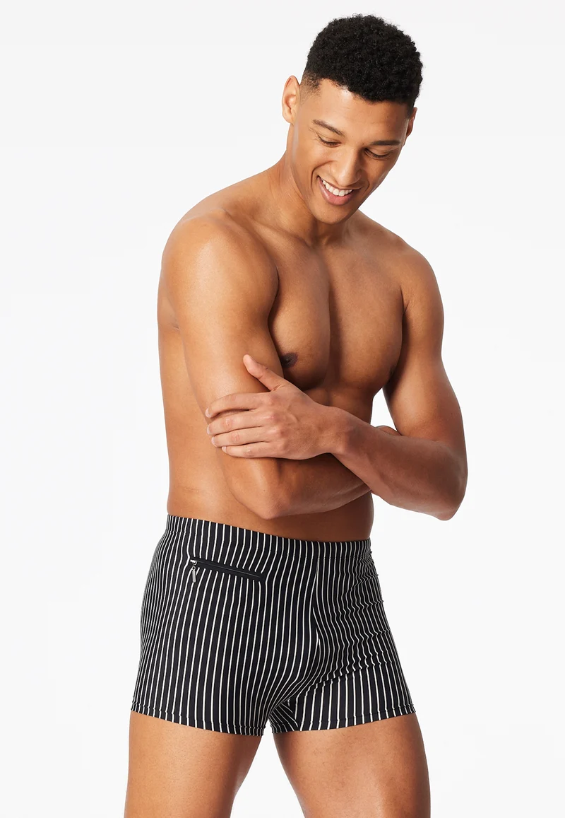 Badehose mit Reißverschlusstasche Schwarz/Weiss gestreift - Aqua