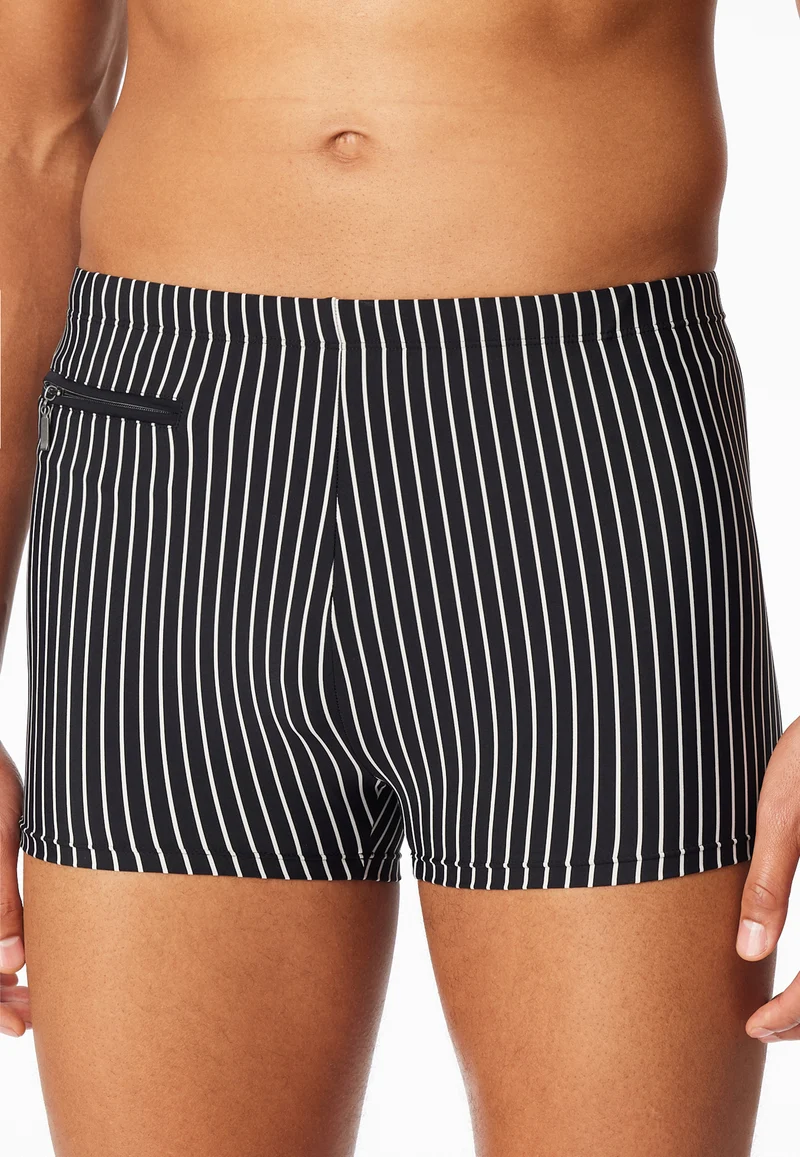 Badehose mit Reißverschlusstasche Schwarz/Weiss gestreift - Aqua