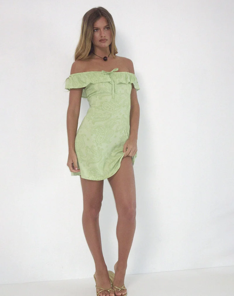 Kenja Bardot Mini Dress in Retro Paisley Lime