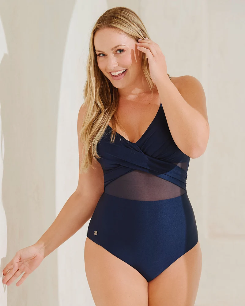 Maillot de bain une pièce avec décolleté croisé et tulle