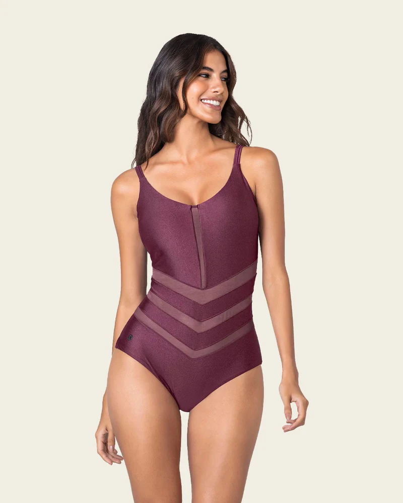 Maillot de bain une pièce à contrôle léger avec transparences et effet brillant