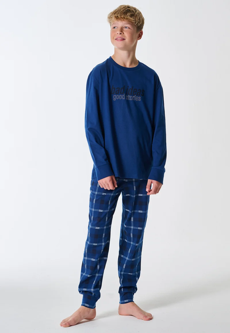Schlafanzug mit Bündchen Blau kariert - Teens Nightwear