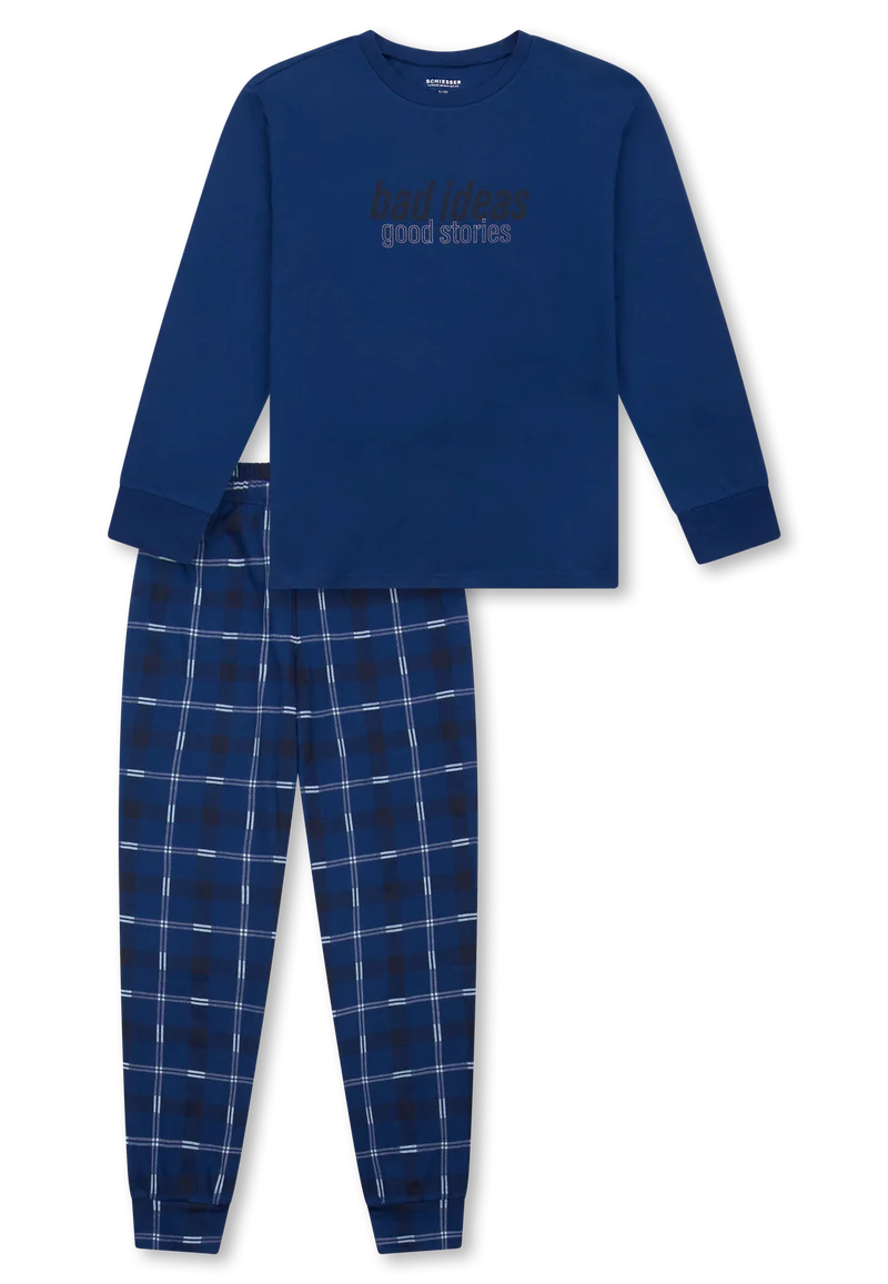 Schlafanzug mit Bündchen Blau kariert - Teens Nightwear