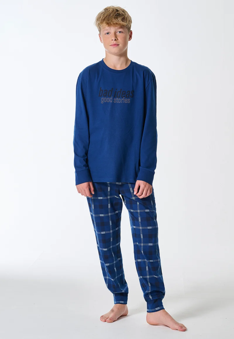 Schlafanzug mit Bündchen Blau kariert - Teens Nightwear