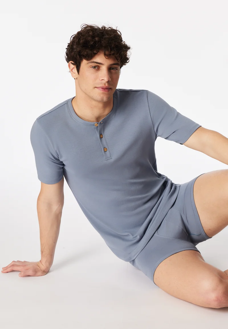 Henley T-Shrt Feinripp Blau - Rib Essentials