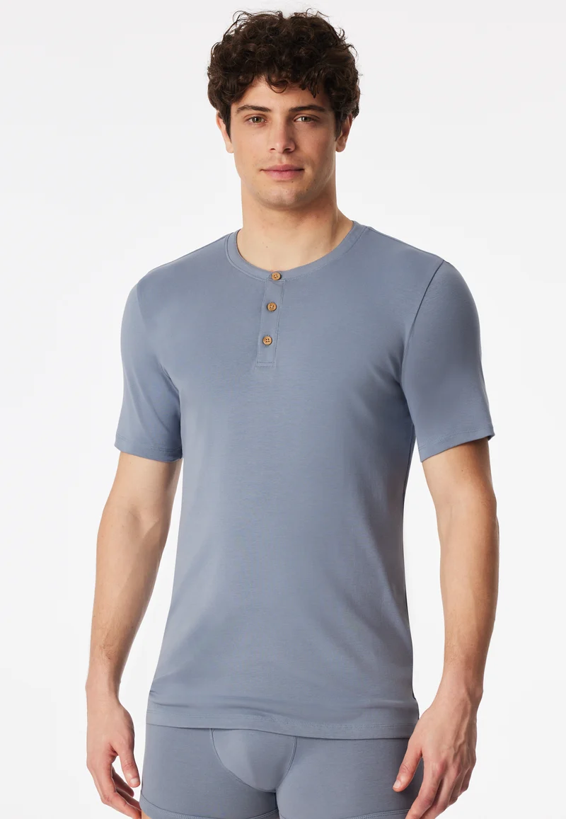 Henley T-Shrt Feinripp Blau - Rib Essentials