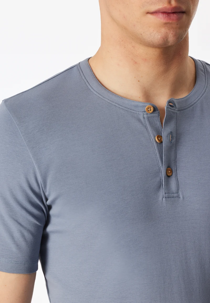 Henley T-Shrt Feinripp Blau - Rib Essentials