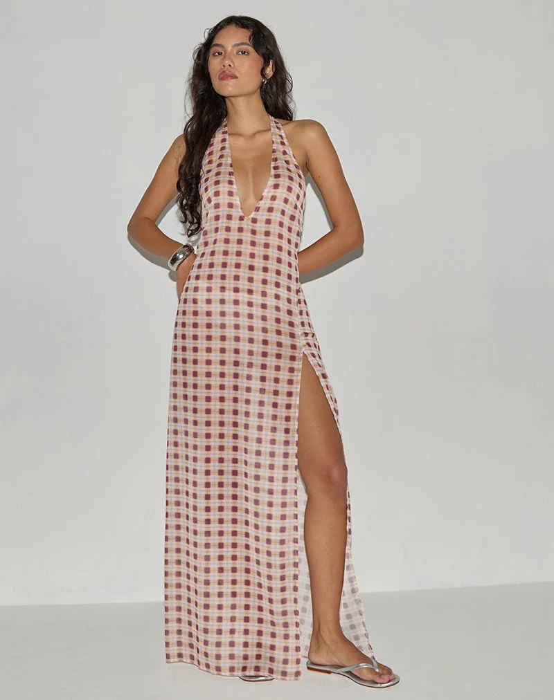 Driti Maxi Dress in Chiffon Blurred Check Peach (Robe longue en mousseline à carreaux flous)