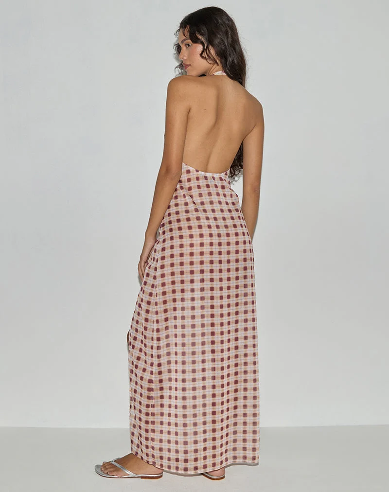Driti Maxi Dress in Chiffon Blurred Check Peach (Robe longue en mousseline à carreaux flous)