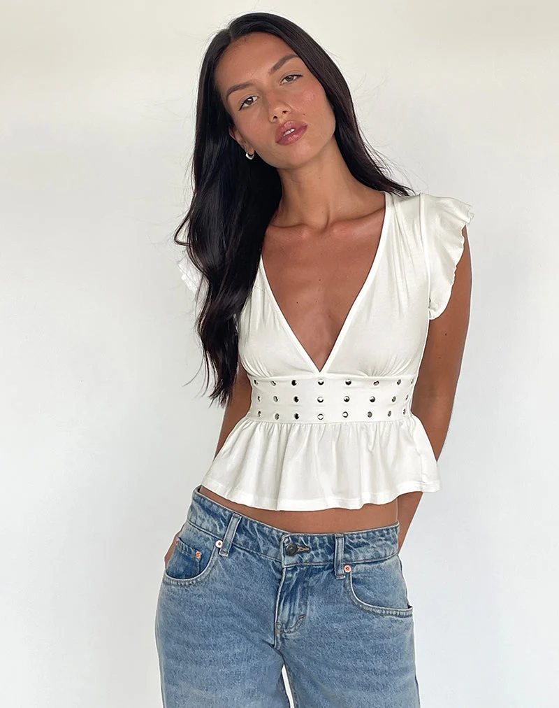 Top à volants Leisma en jersey blanc avec clous