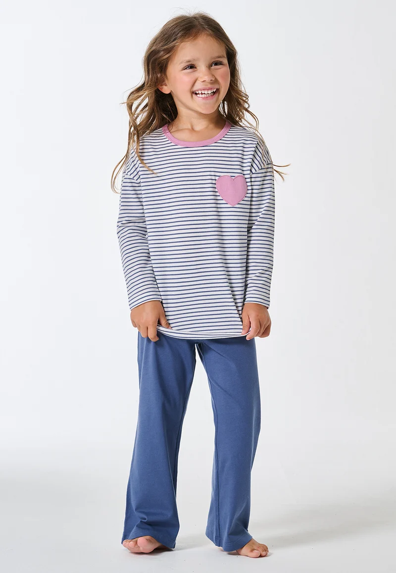Schlafanzug lang Ringel Herz jeansblau - Kids Nightwear
