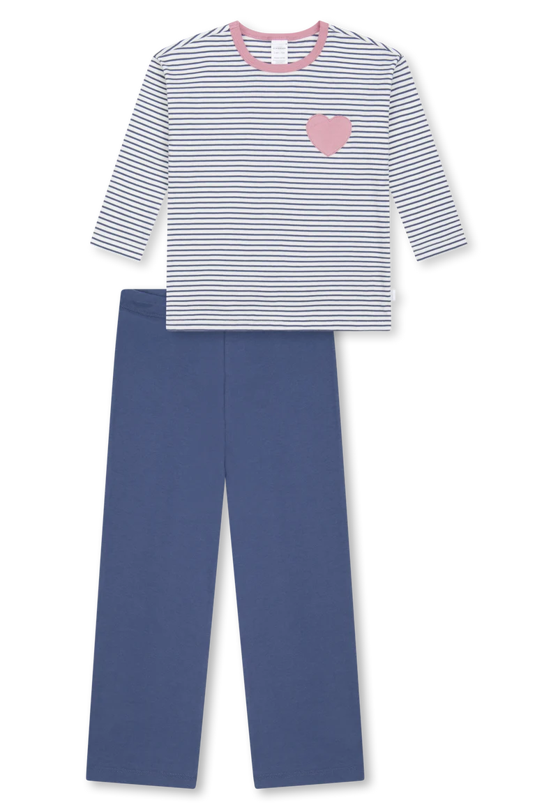 Schlafanzug lang Ringel Herz jeansblau - Kids Nightwear