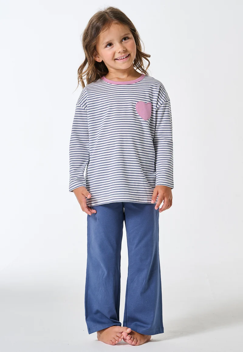 Schlafanzug lang Ringel Herz jeansblau - Kids Nightwear