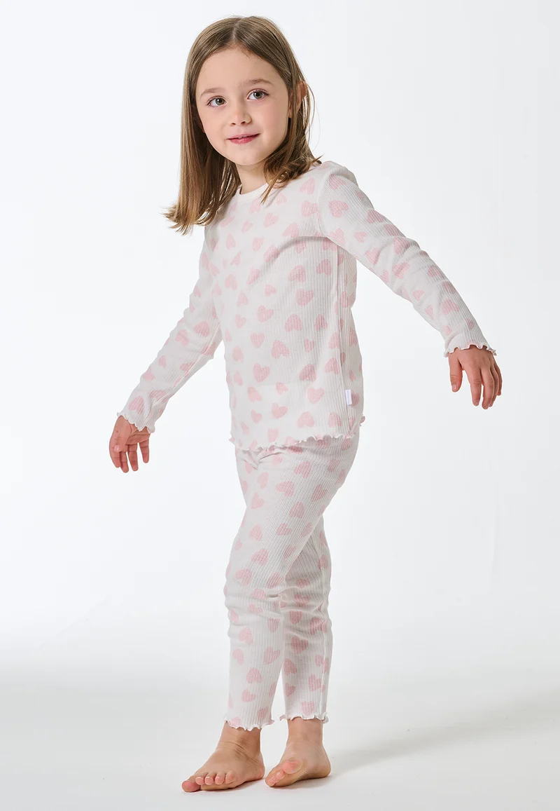 Schlafanzug lang Doppelripp Herzchen off-white - Kids Nightwear