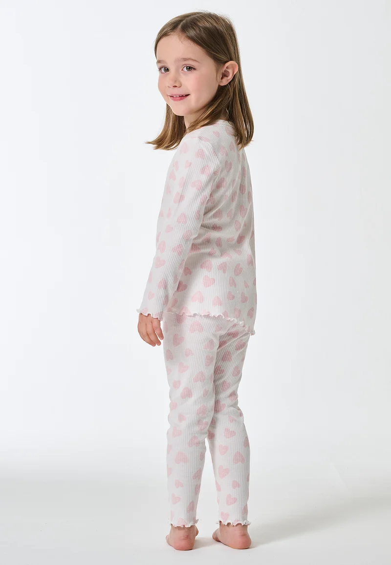 Schlafanzug lang Doppelripp Herzchen off-white - Kids Nightwear