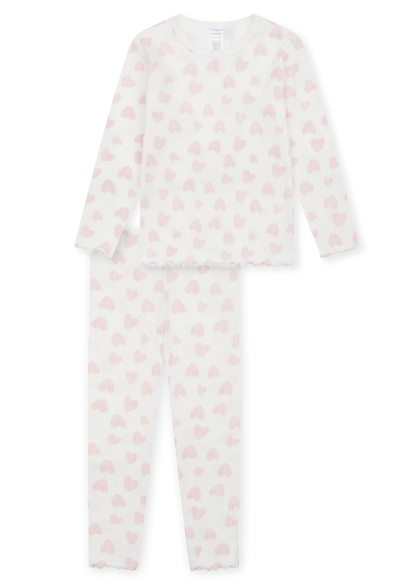 Schlafanzug lang Doppelripp Herzchen off-white - Kids Nightwear