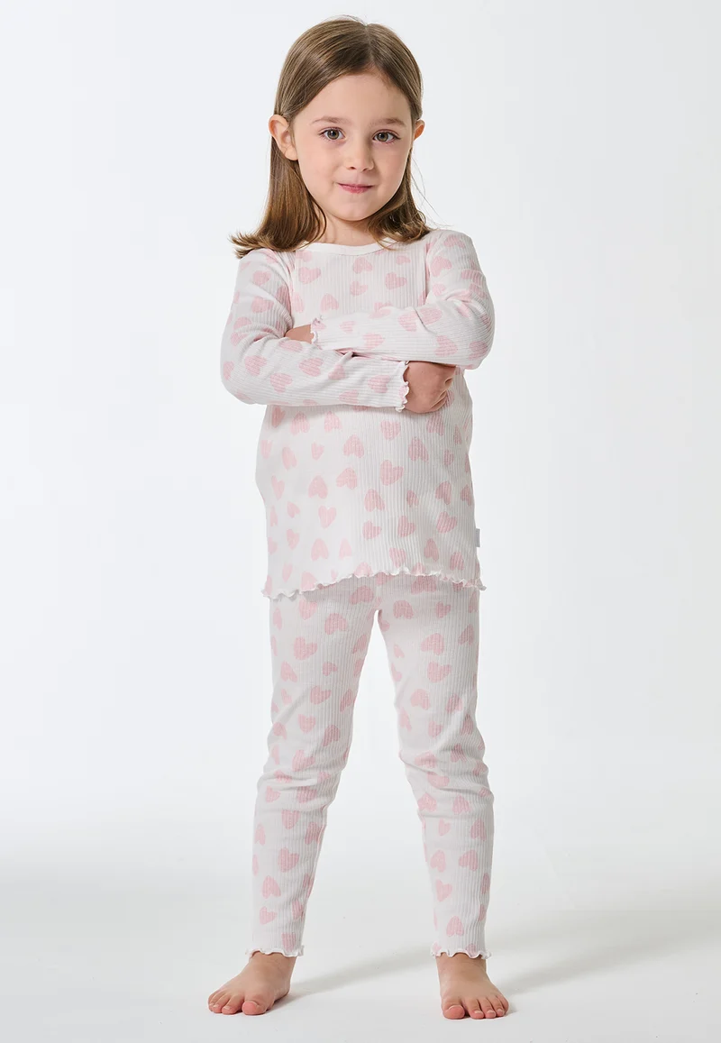 Schlafanzug lang Doppelripp Herzchen off-white - Kids Nightwear