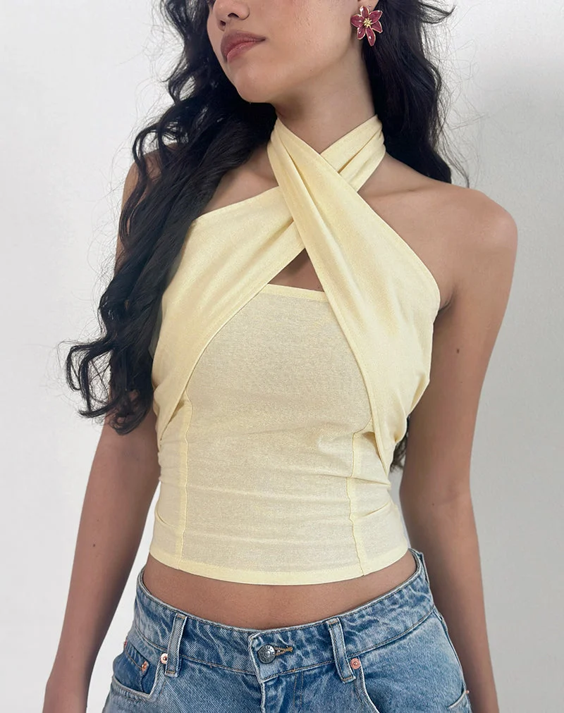 Lasy Linen Wrap Halterneck Top in Lemon