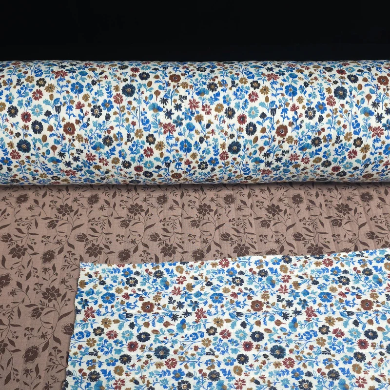 Double Gaze Matelassée Réversible | Fleuri Bleu & Mocha | 80 cm | FIN DE ROULEAU