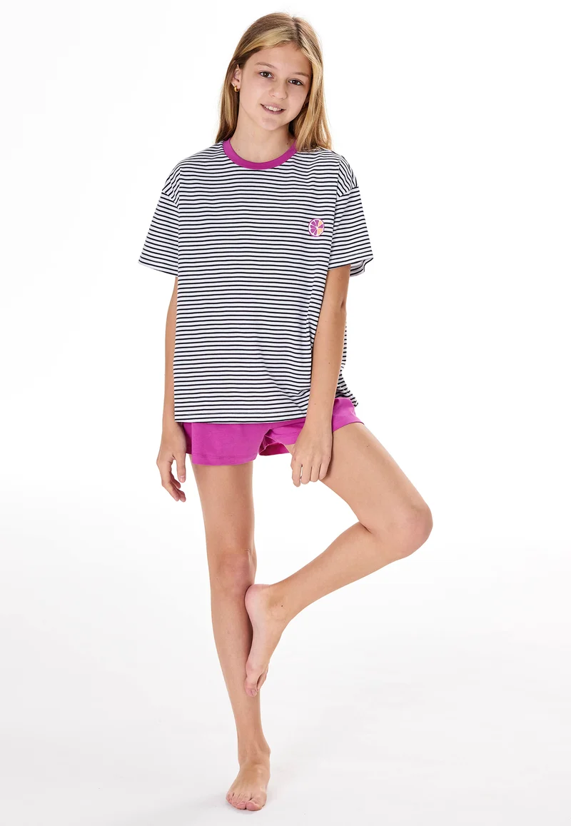 Schlafanzug kurz Pink/Schwarz gestreift - Teens Nightwear