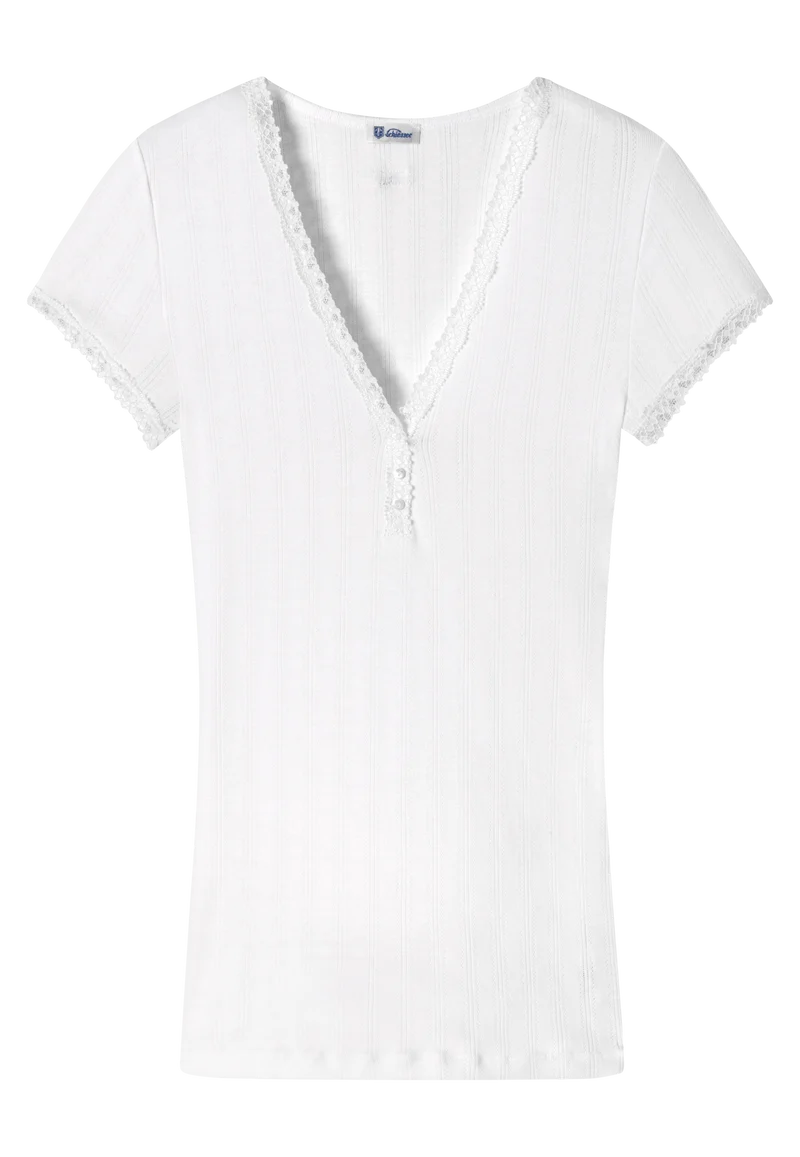 T-Shirt V-Ausschnitt mit Knopfleiste Weiss - Revival Agathe