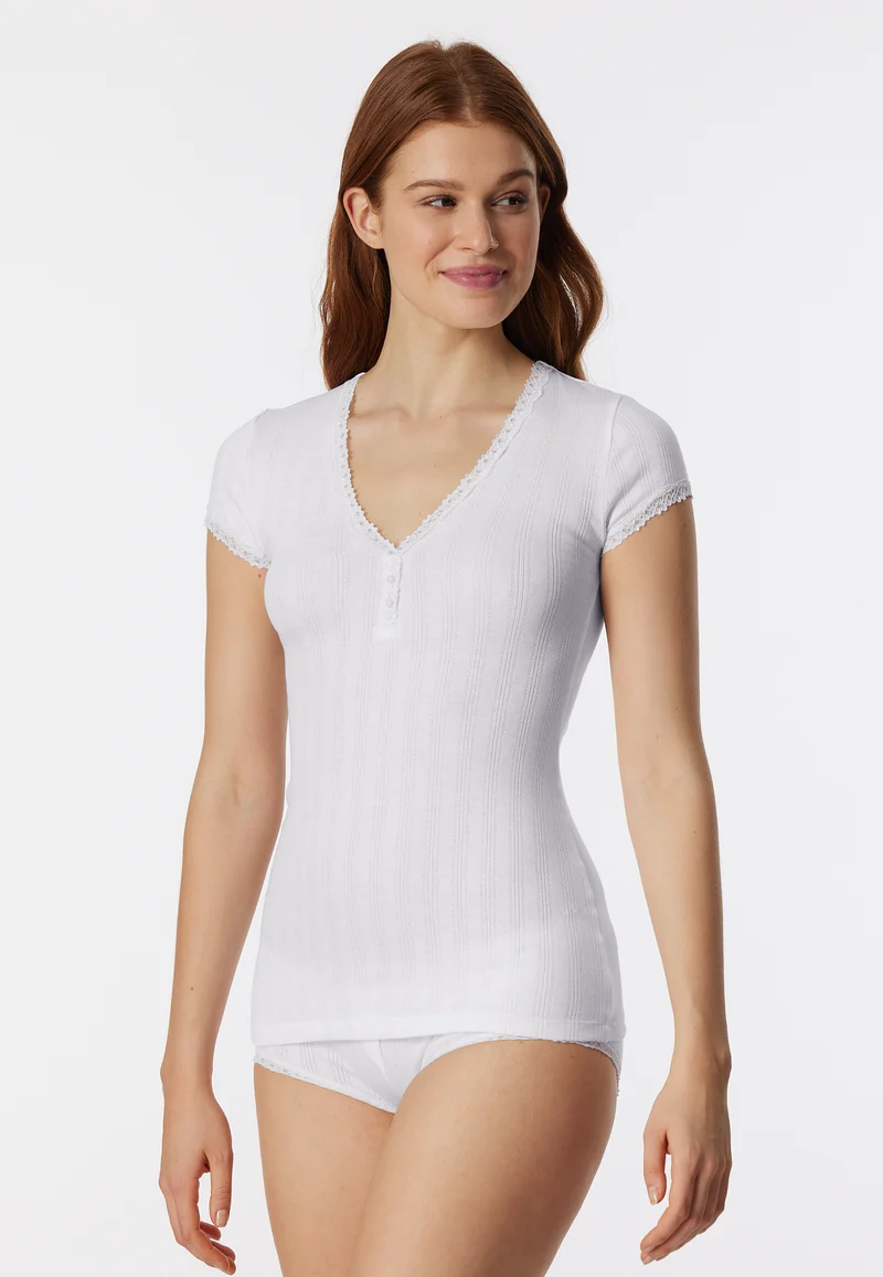 T-Shirt V-Ausschnitt mit Knopfleiste Weiss - Revival Agathe