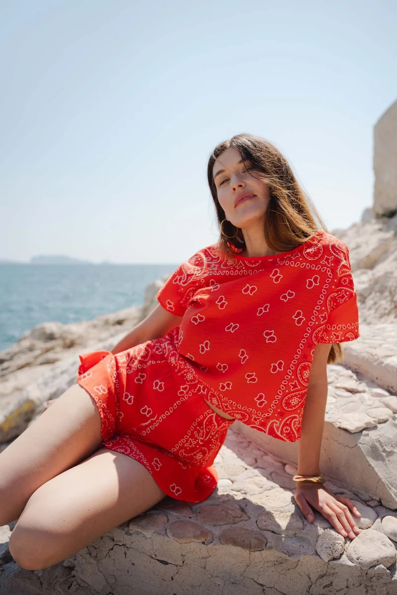 Top et Short à Volants - Bandana Rouge